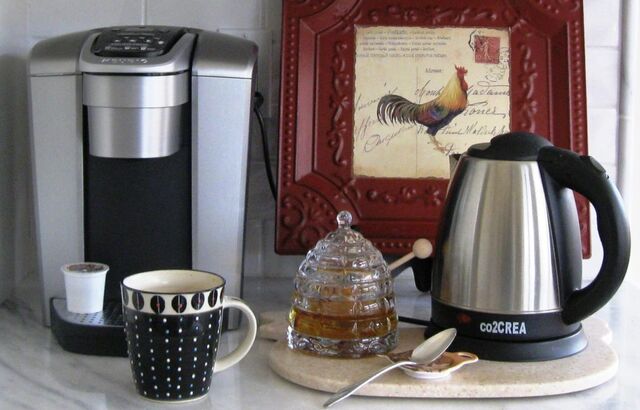 My beverage station includes a Keurig machine and an electric tea kettle.  
