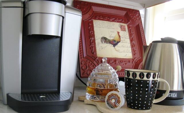 My beverage station featuring my Keurig coffee maker - a new daily staple.  I wasn't sure how much use I'd get out of this, but now one of the things I'm glad to have.