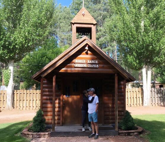 The little wedding chapel at Kohl's Ranch was an early morning photo op on our anniversary day