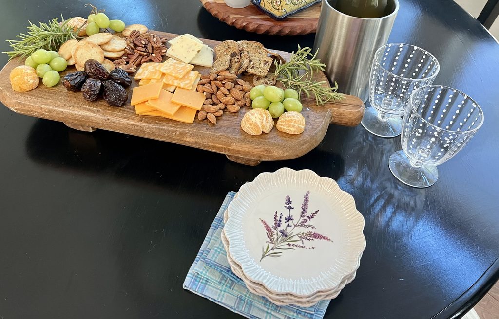 Charcuterie board with casual serveware for a small gathering
