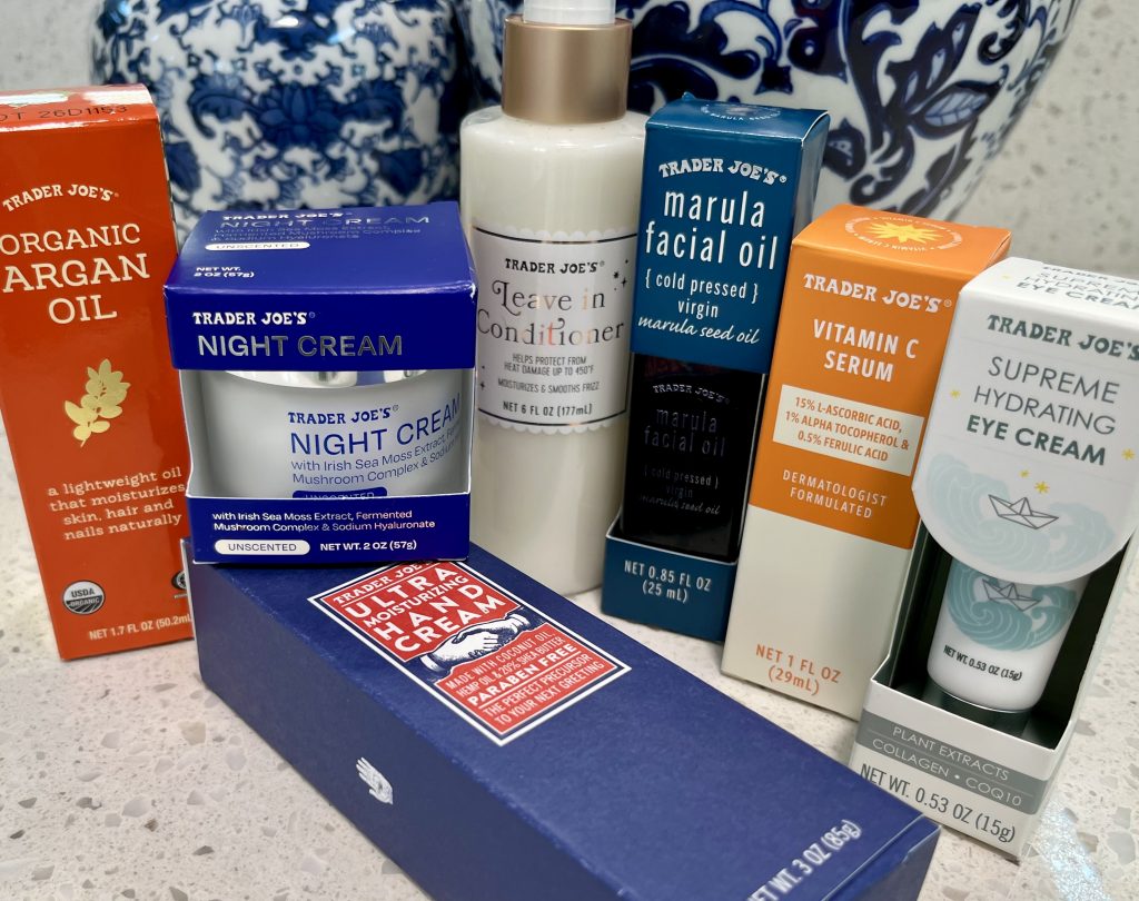 Trader Joe's skin and hair care products including facial oil, night cream and vitamin C serum