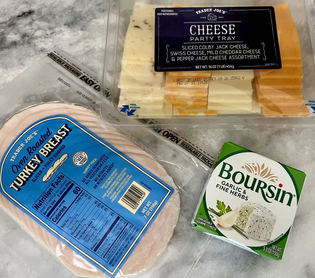 Trader Joe's cheese party tray, Boursin cheese and sliced turkey