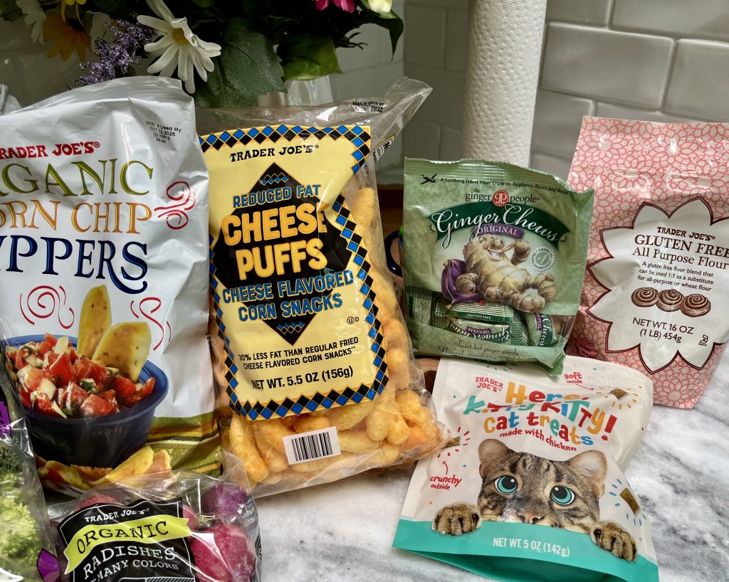 Trader Joe's snacks including corn chips, ginger chews and cat treats