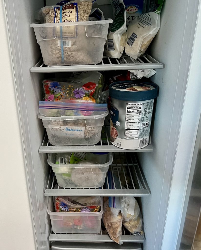 Home freezer with plastic bins holding frozen foods, bags, and nuts.