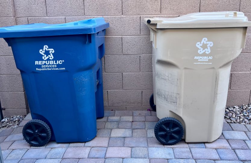 Blue recycling bin and beige trash bin ready for weekly pickup.